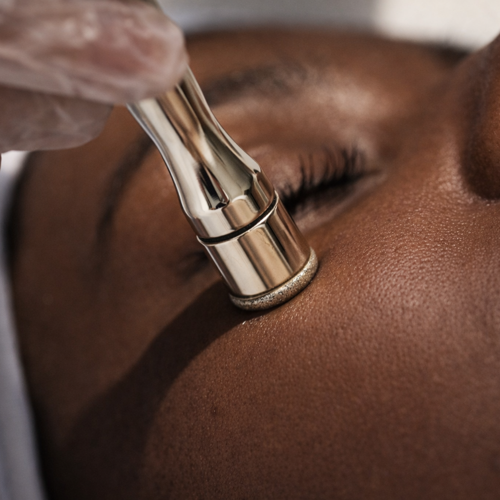 black woman gettingn a diamond glow facial philadelphia