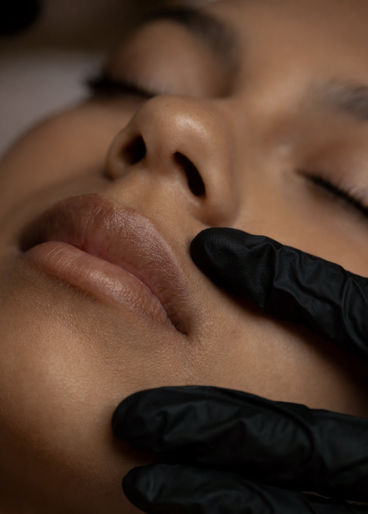 Close-up of a person receiving a facial treatment with a gloved hand.