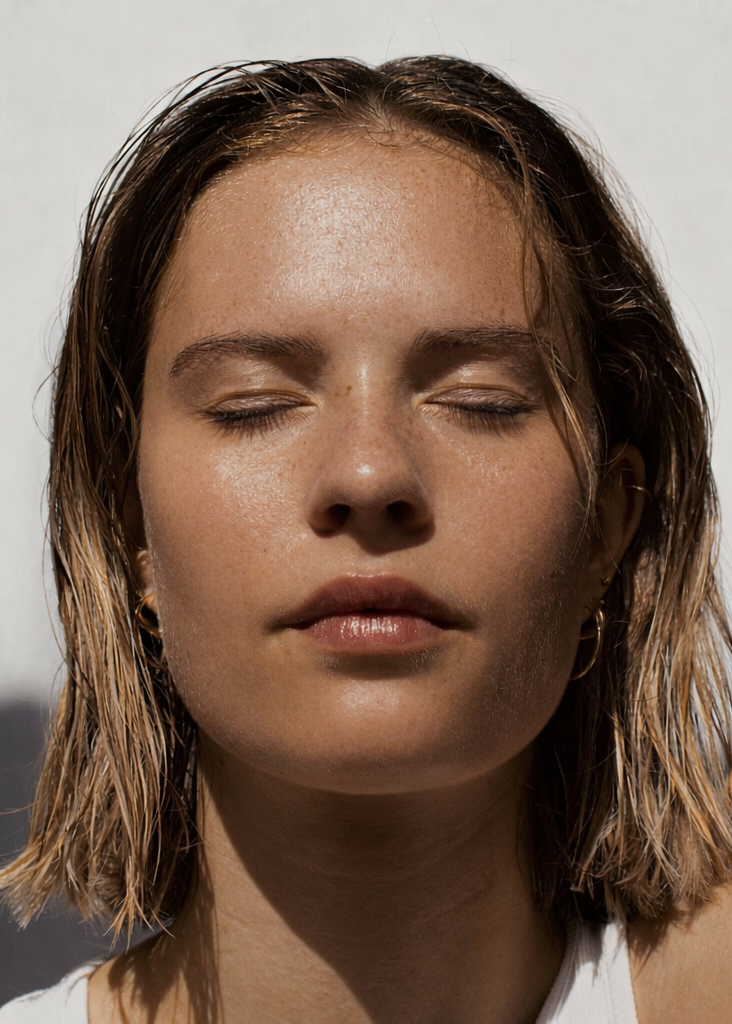 Woman with closed eyes against a neutral background