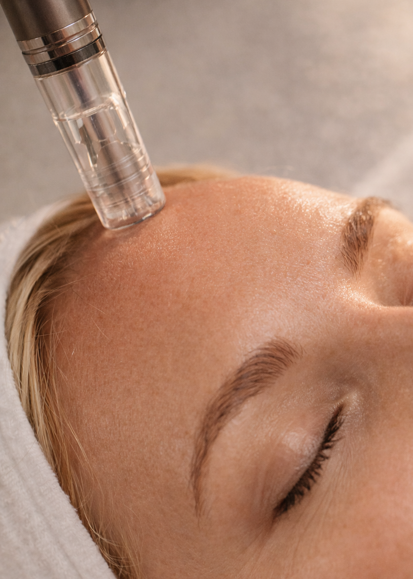 Close-up of a person receiving a microneedling skin treatment with a device on their face.